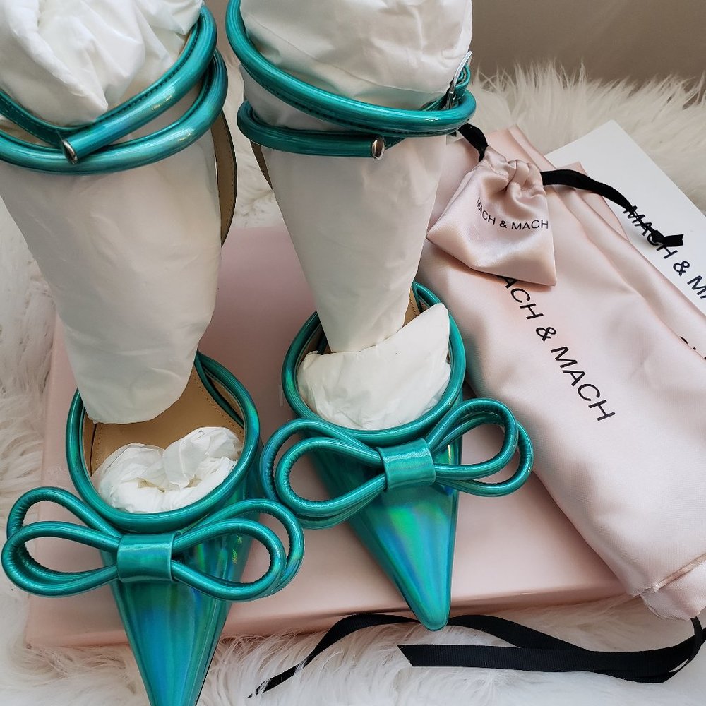 **SOLD**  Mach and Mach Double Bow High Heels, Turquoise Blue